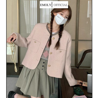Áo dạ tweed, áo dạ dáng ngắn màu hồng nhạt, áo khoác ngoài nữ dài tay cổ tròn dễ thương - D02