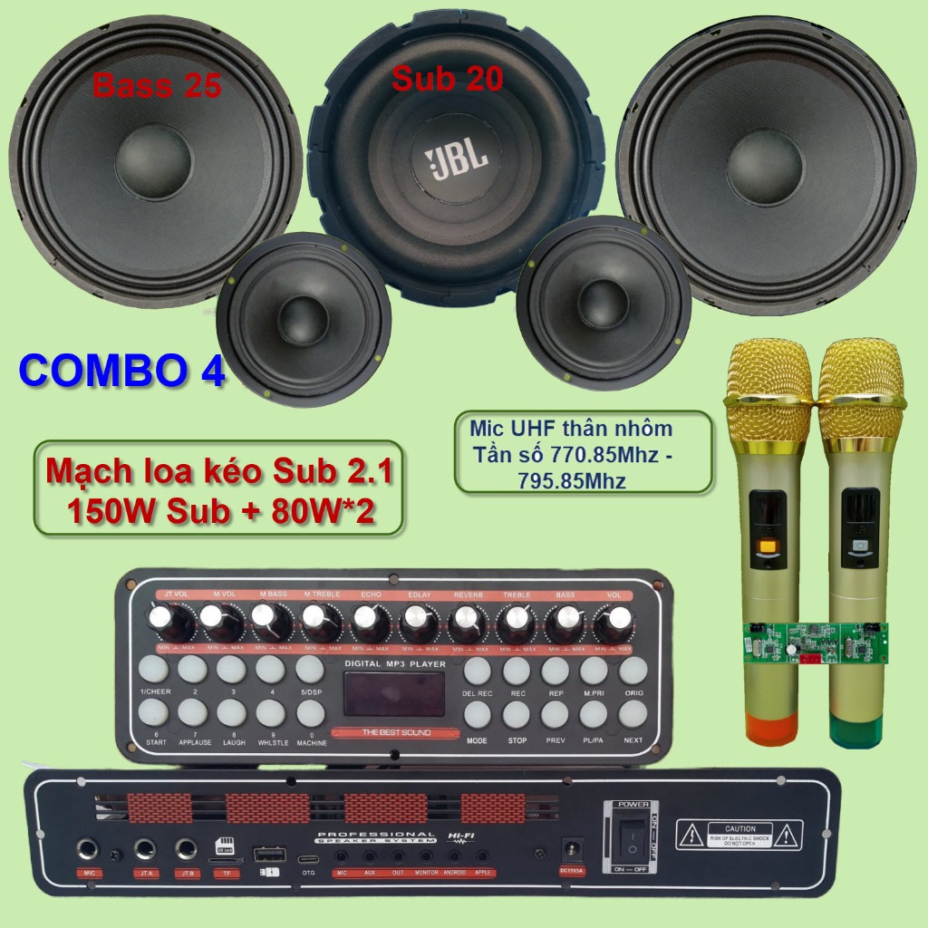 Mạch loa kéo 2.1 K10 Sub 20 Bass 25 đôi 150W + 80W*2 DSP lập trình chống hú, Reverb Echo Delay