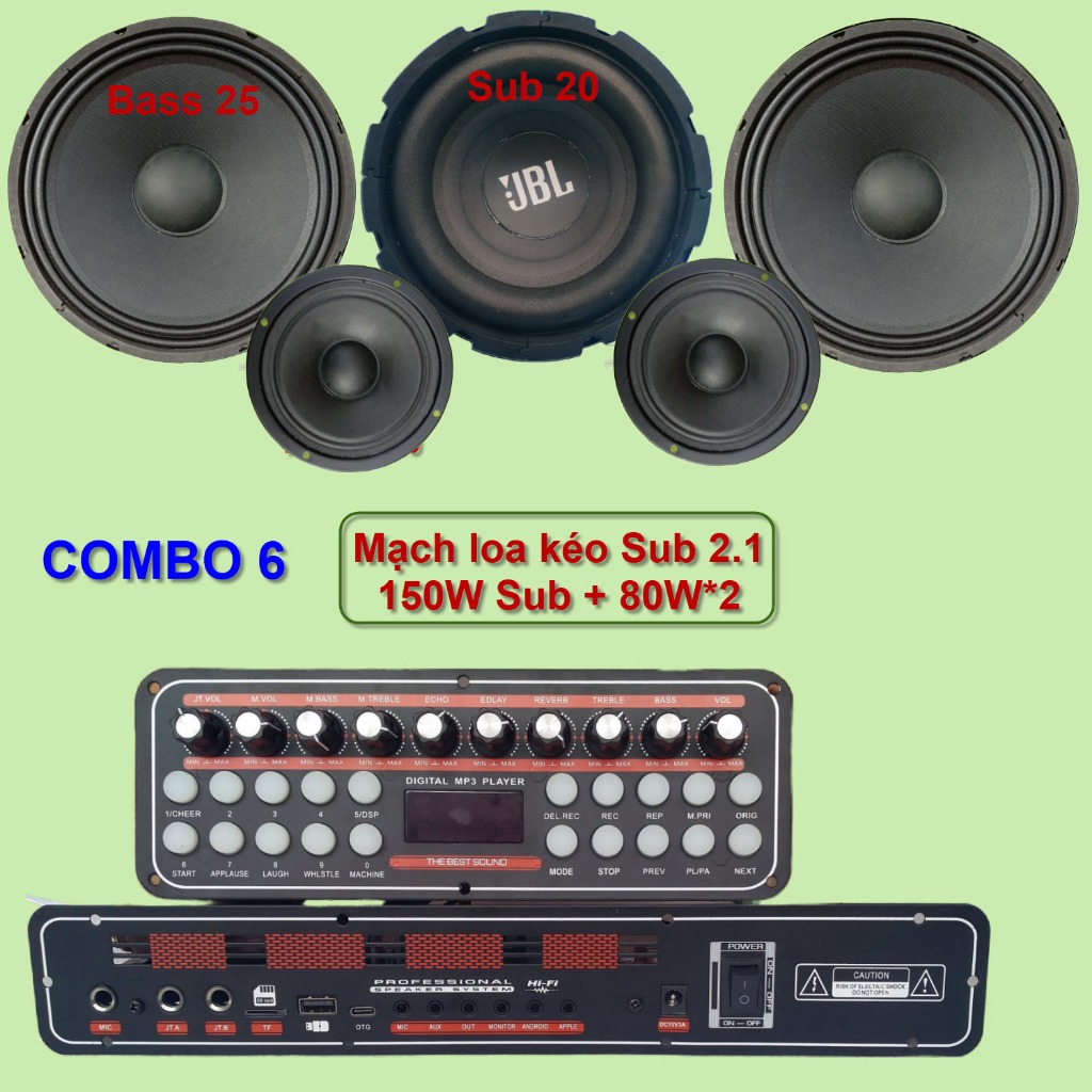 Mạch loa kéo 2.1 K10 Sub 20 Bass 25 đôi 150W + 80W*2 DSP lập trình chống hú, Reverb Echo Delay