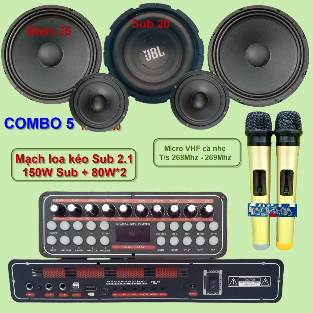 Mạch loa kéo 2.1 K10 Sub 20 Bass 25 đôi 150W + 80W*2 DSP lập trình chống hú, Reverb Echo Delay
