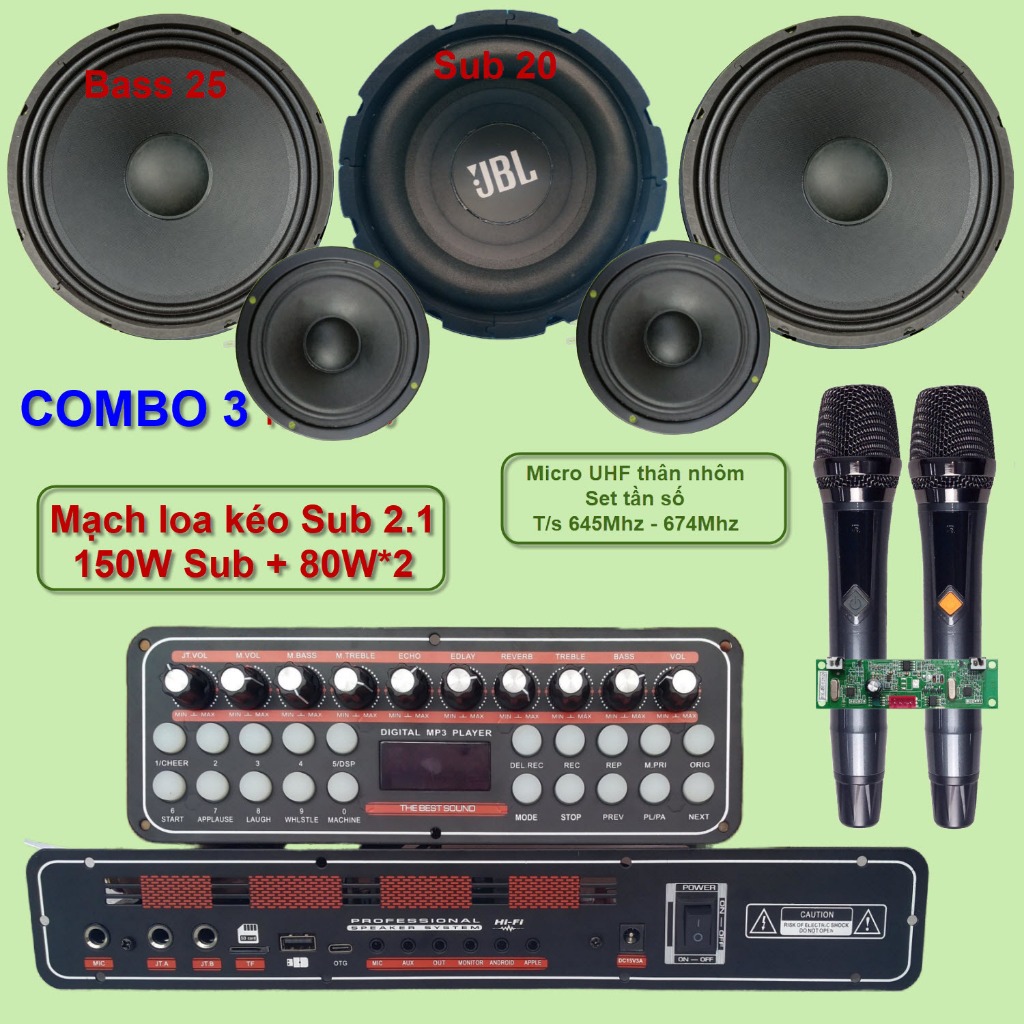 Mạch loa kéo 2.1 K10 Sub 20 Bass 25 đôi 150W + 80W*2 DSP lập trình chống hú, Reverb Echo Delay
