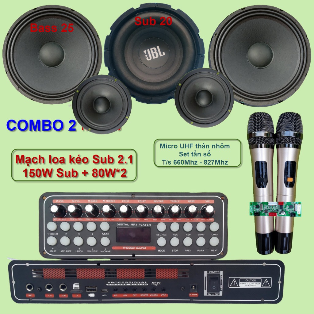 Mạch loa kéo 2.1 K10 Sub 20 Bass 25 đôi 150W + 80W*2 DSP lập trình chống hú, Reverb Echo Delay