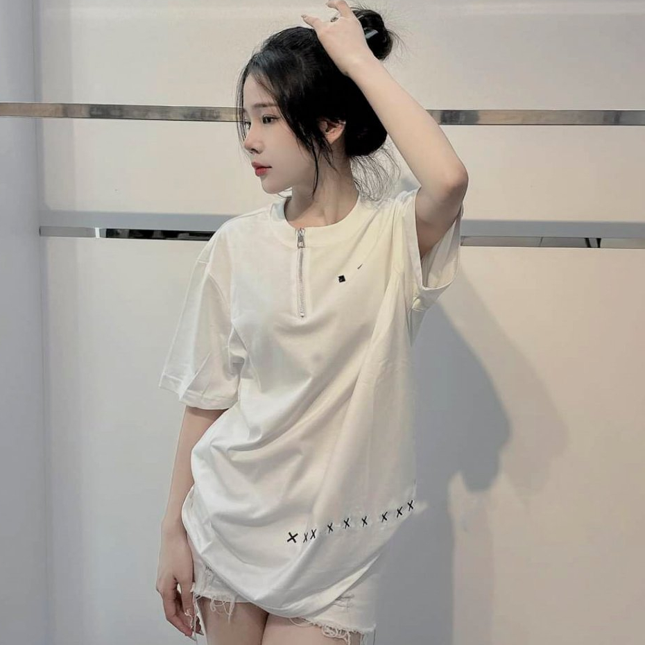 Áo Phông Cộc Tay Đính Đá Họa Tiết Hình Thêu X Cổ Kéo Khóa Chất Cotton Thoáng Mát Kiểu Dáng Unisex Nam Nữ - Áo Thun Nữ