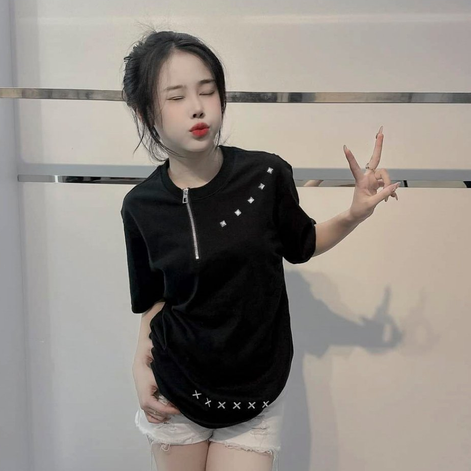 Áo Phông Cộc Tay Đính Đá Họa Tiết Hình Thêu X Cổ Kéo Khóa Chất Cotton Thoáng Mát Kiểu Dáng Unisex Nam Nữ - Áo Thun Nữ