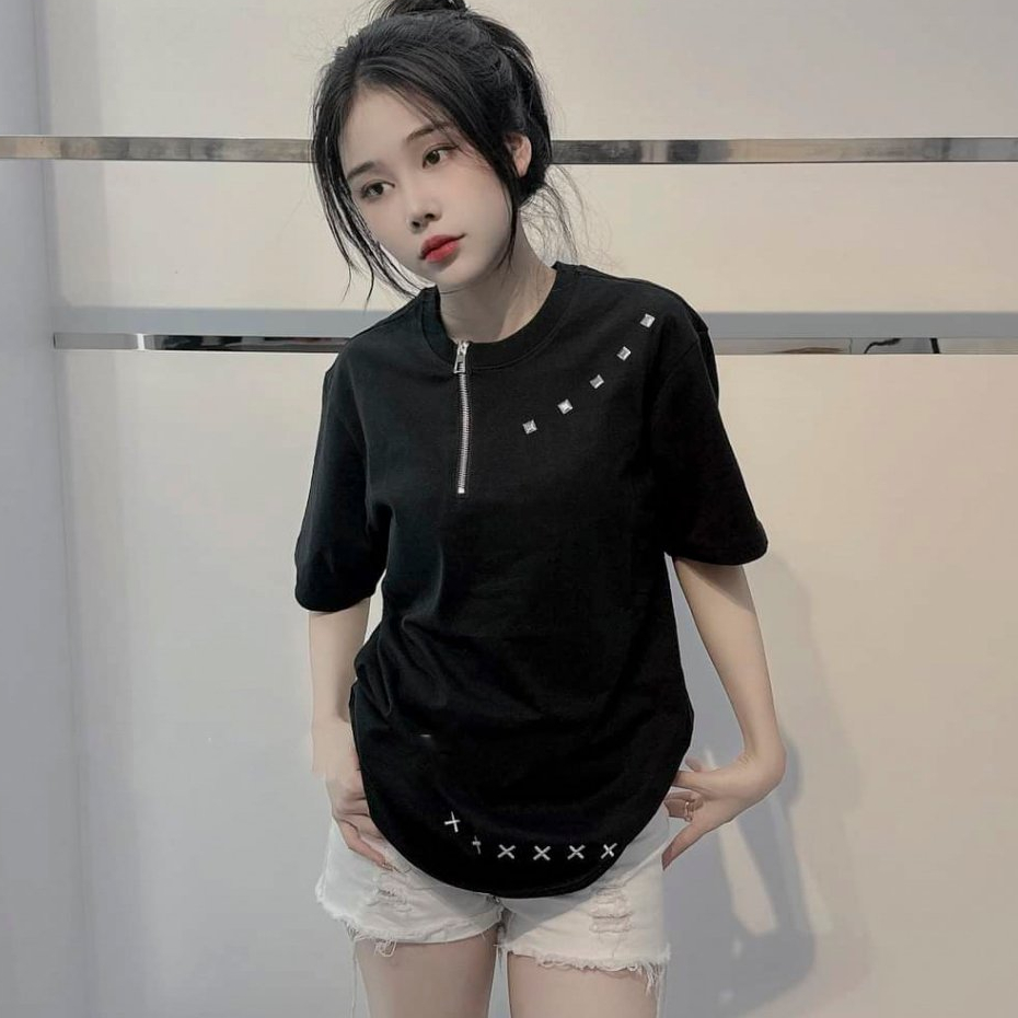 Áo Phông Cộc Tay Đính Đá Họa Tiết Hình Thêu X Cổ Kéo Khóa Chất Cotton Thoáng Mát Kiểu Dáng Unisex Nam Nữ - Áo Thun Nữ