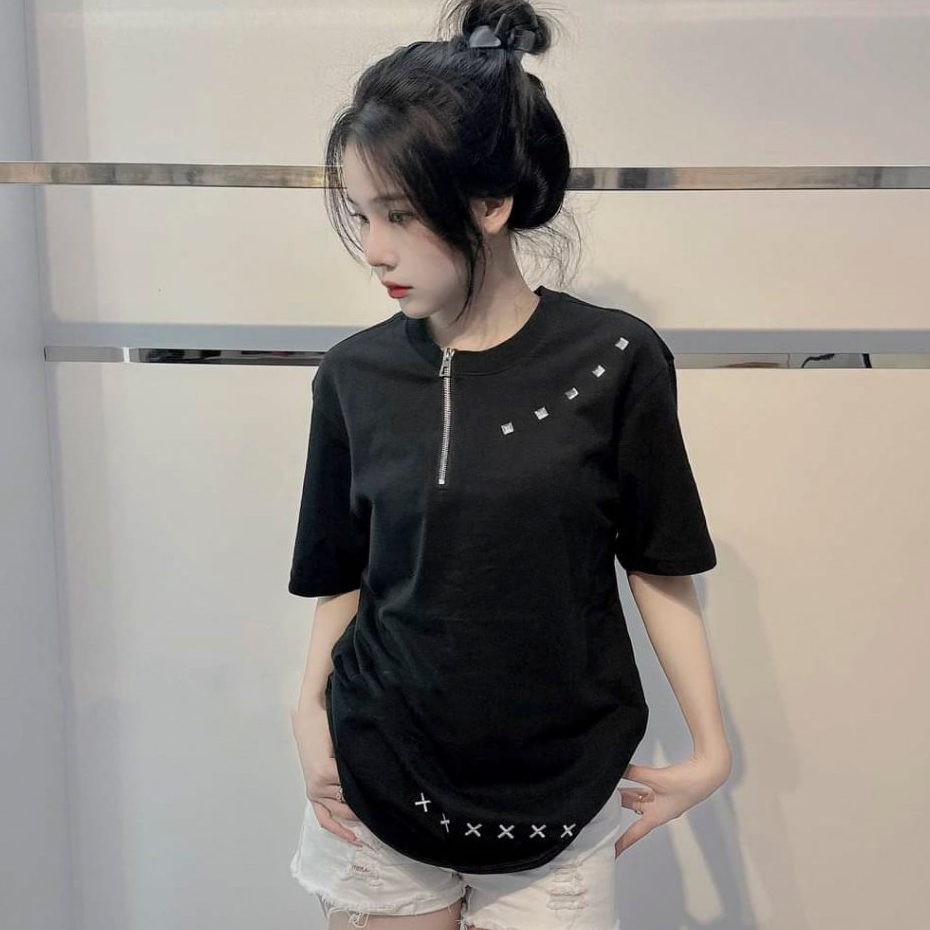 Áo Phông Cộc Tay Đính Đá Họa Tiết Hình Thêu X Cổ Kéo Khóa Chất Cotton Thoáng Mát Kiểu Dáng Unisex Nam Nữ - Áo Thun Nữ