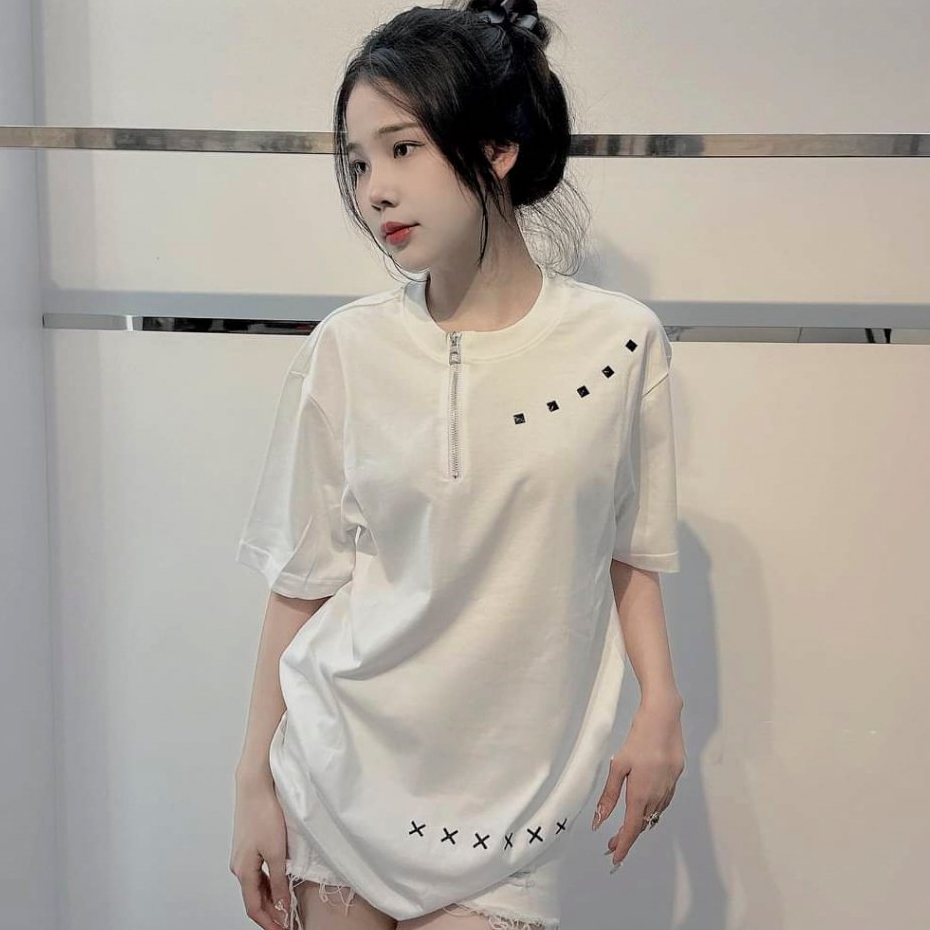Áo Phông Cộc Tay Đính Đá Họa Tiết Hình Thêu X Cổ Kéo Khóa Chất Cotton Thoáng Mát Kiểu Dáng Unisex Nam Nữ - Áo Thun Nữ