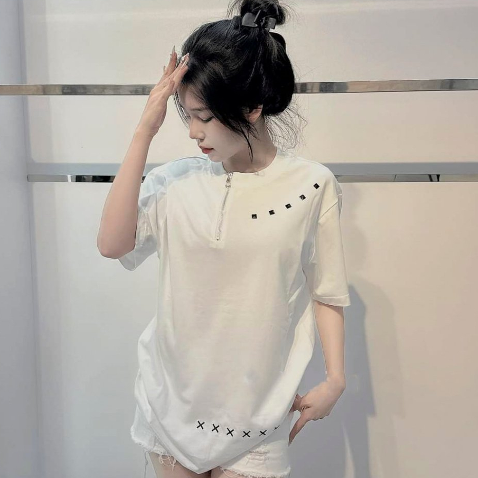 Áo Phông Cộc Tay Đính Đá Họa Tiết Hình Thêu X Cổ Kéo Khóa Chất Cotton Thoáng Mát Kiểu Dáng Unisex Nam Nữ - Áo Thun Nữ