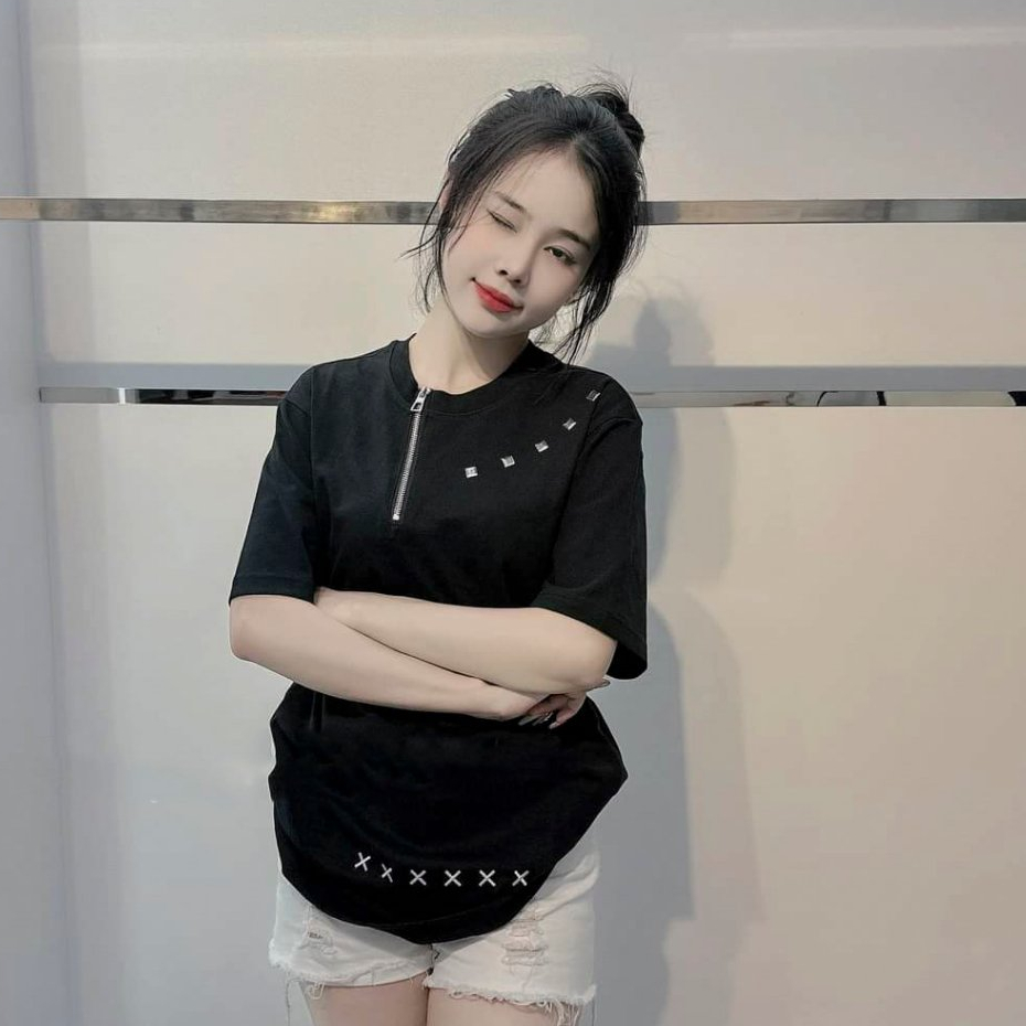 Áo Phông Cộc Tay Đính Đá Họa Tiết Hình Thêu X Cổ Kéo Khóa Chất Cotton Thoáng Mát Kiểu Dáng Unisex Nam Nữ - Áo Thun Nữ