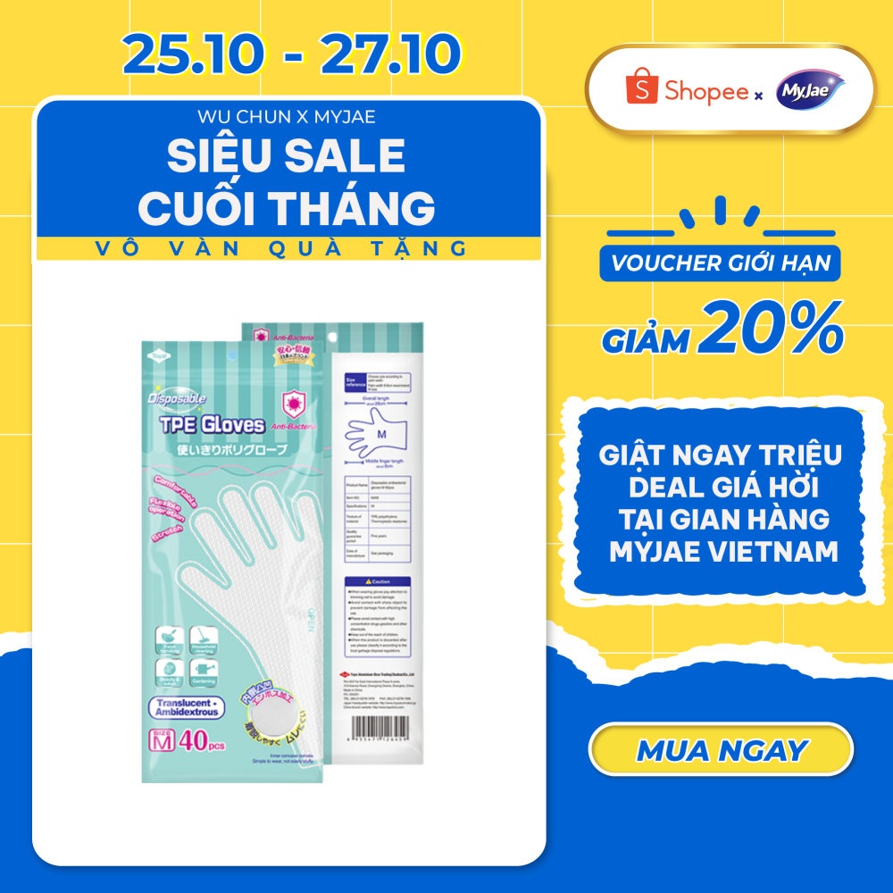 [Voucher 12% - đơn từ 0Đ]Găng Tay Chống Khuẩn TPE MyJae Một Lần Dùng Nấu Ăn, Rửa Chén Bát Size M (40 Cái/Hộp)