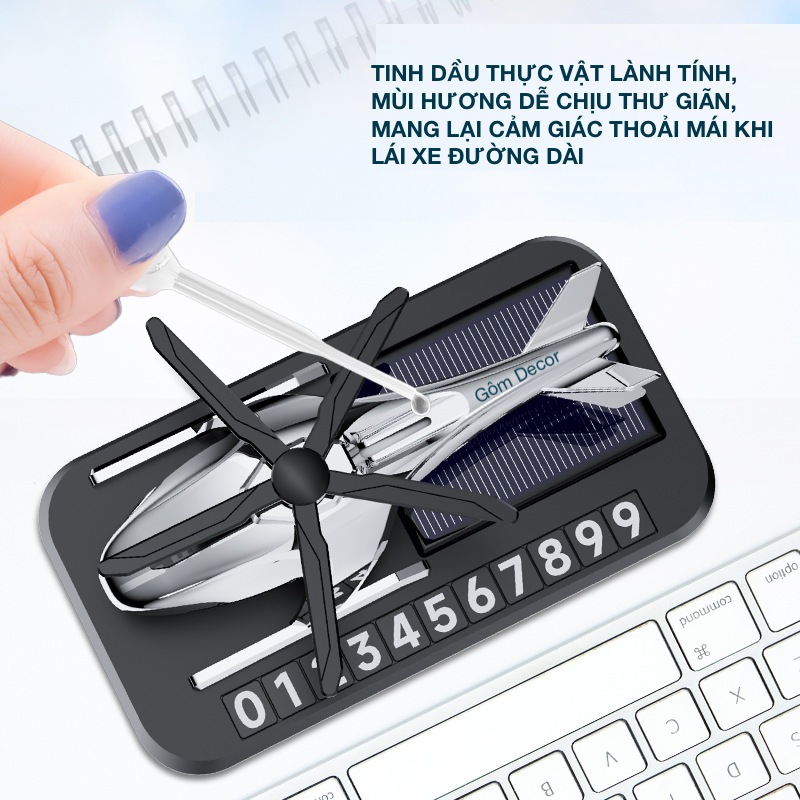 Bảng số điện thoại kèm nước hoa năng lượng mặt trời hình máy bay trực thăng gắn taplo ô tô