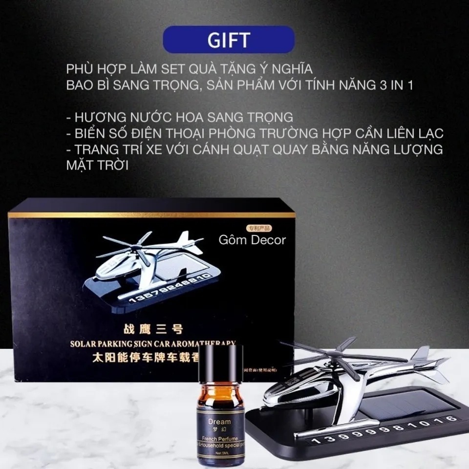 Bảng số điện thoại kèm nước hoa năng lượng mặt trời hình máy bay trực thăng gắn taplo ô tô