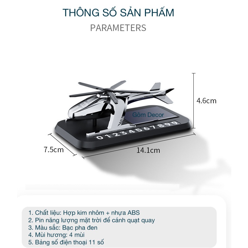 Bảng số điện thoại kèm nước hoa năng lượng mặt trời hình máy bay trực thăng gắn taplo ô tô