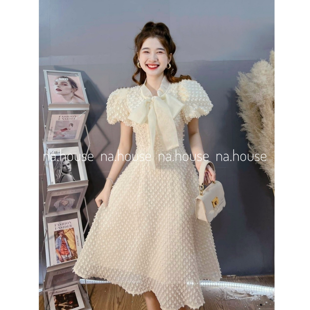 Đầm tiểu thư tay bồng nơ cổ dáng dài xinh xắn Nahouse váy dự tiệc cưới đi chơi sinh nhật thiết kế xòe đẹp xịn sang trọng