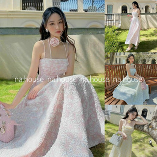 Váy 2 dây dáng dài, đầm dài tiểu thư kèm choker hoa cổ đi chơi dự tiệc Nahouse váy xòe midi gấm xốp thiết kế xinh sang