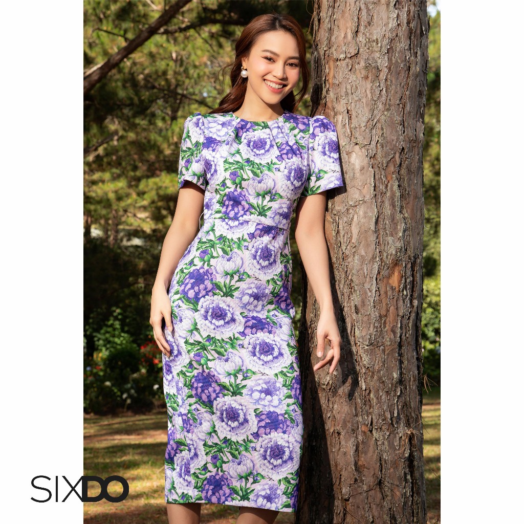 Đầm thô họa tiết hoa tay phồng SIXDO (Purple Peony Puff-sleeves Midi Raw Dress)