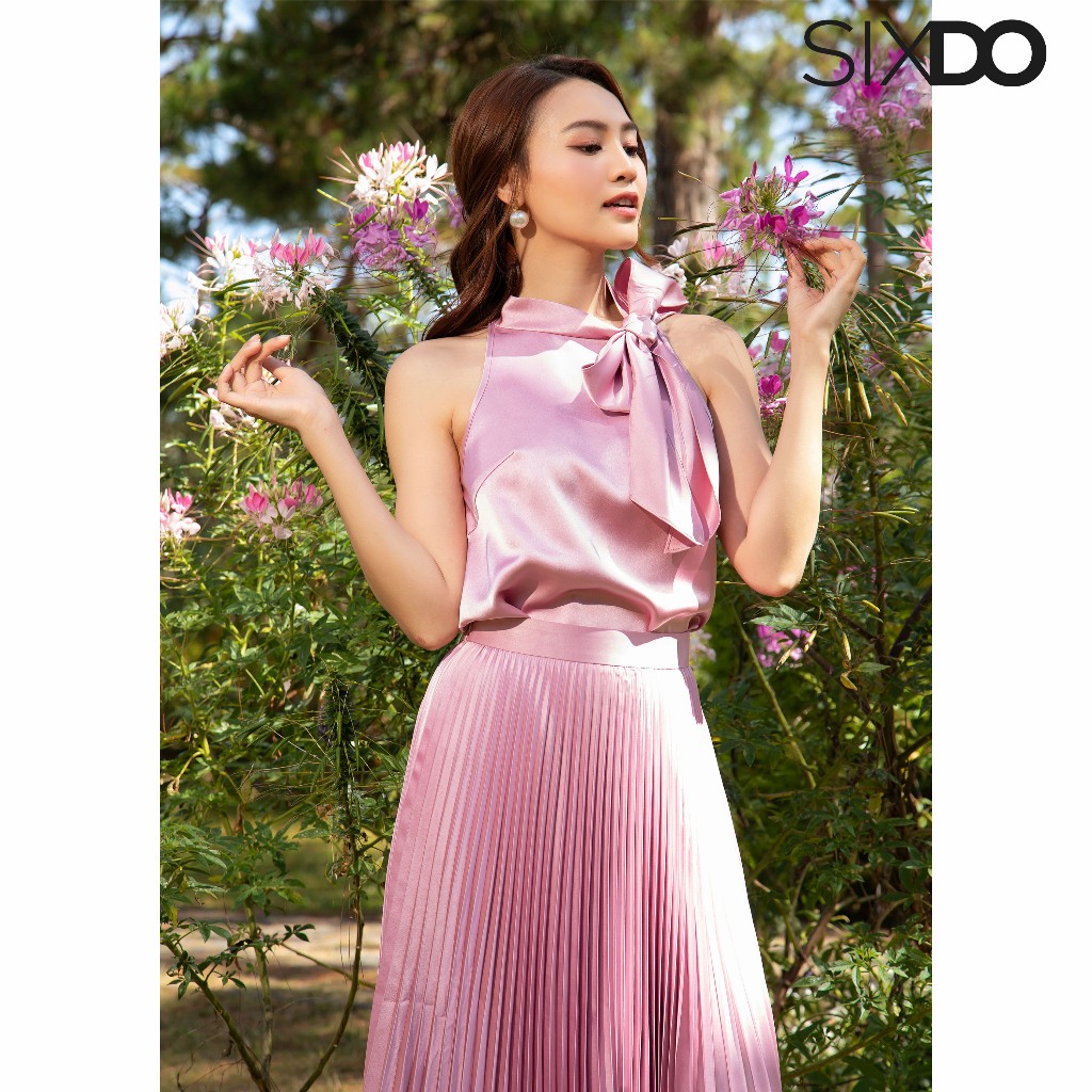 Áo lụa nữ hồng cổ yếm SIXDO (Light Murrey Sleeveless Silk Top)