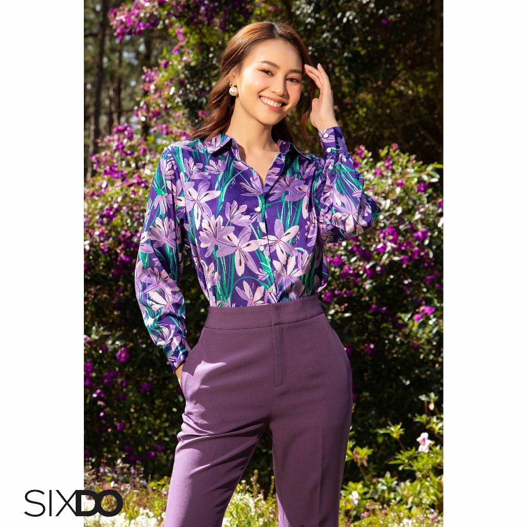 Áo sơ mi lụa tím họa tiết hoa SIXDO (Purple Floral Silk Shirt)