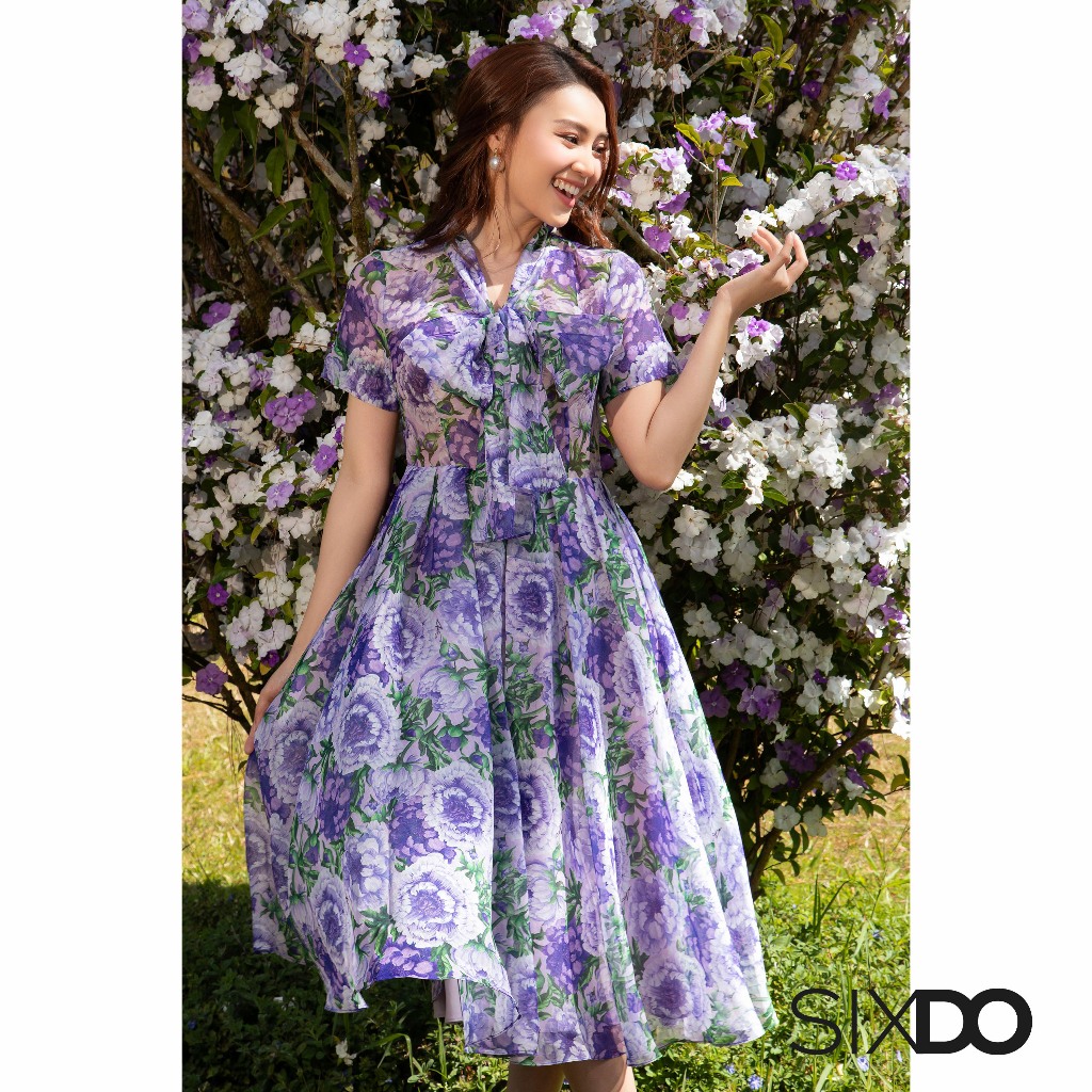 Đầm tơ hoa tím phối nơ cổ SIXDO (Purple Peony Bowtie Midi Dress)