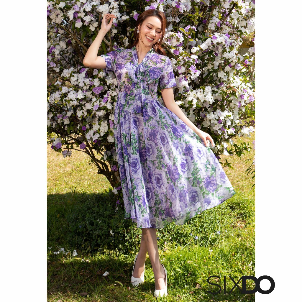 Đầm tơ hoa tím phối nơ cổ SIXDO (Purple Peony Bowtie Midi Dress)