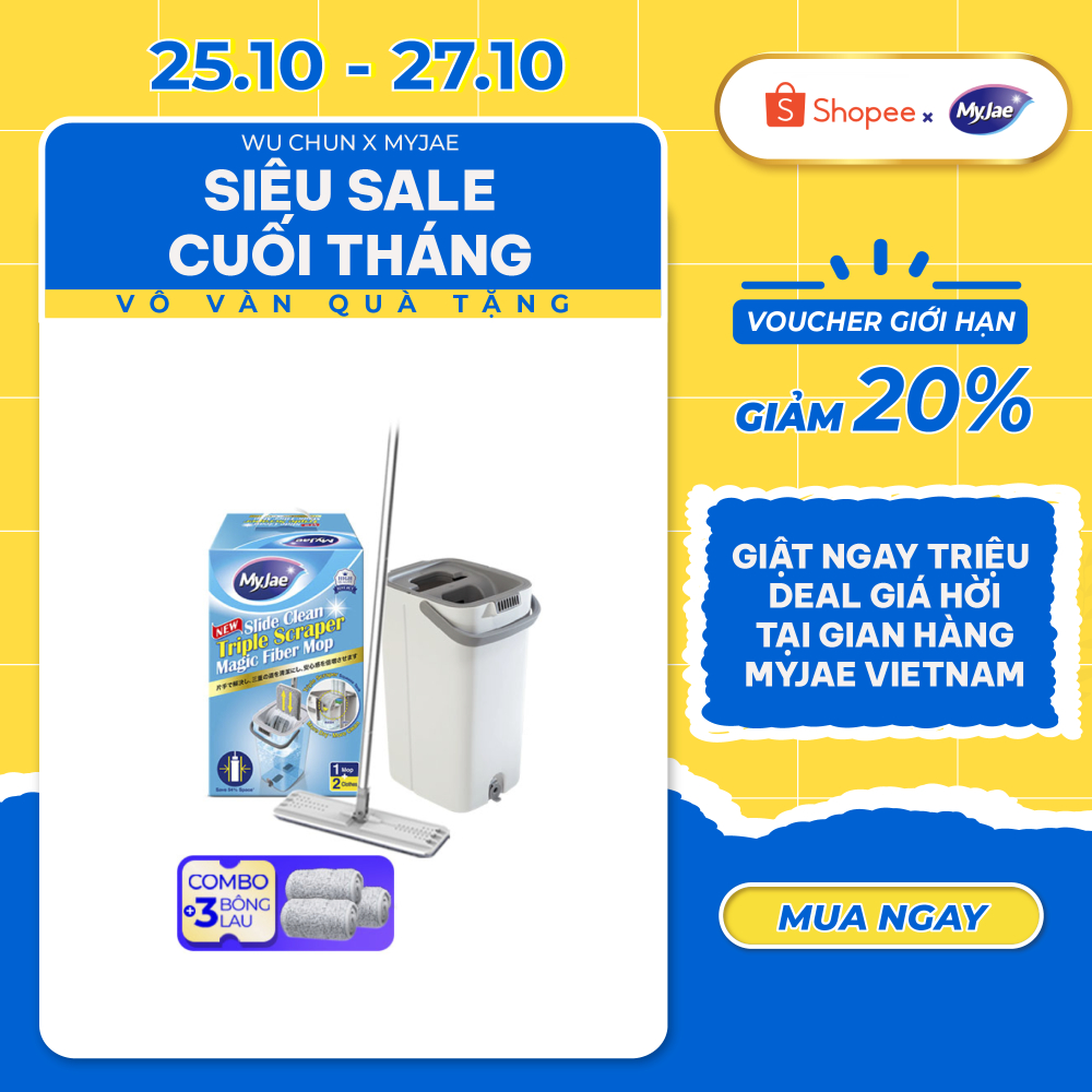 Combo 3 bông lau + 1 cây lau nhà tự vắt kèm thùng 2 ngăn xoay 360 độ thông minh lau sạch nhanh khô MyJae Đài Loan