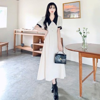 Đầm váy freesize vintage trắng xoè phối cổ đen