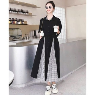Đầm váy freesize midi caro phối đen xoè form dài