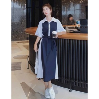 Đầm váy freesize sơ mi xanh đen phối trắng