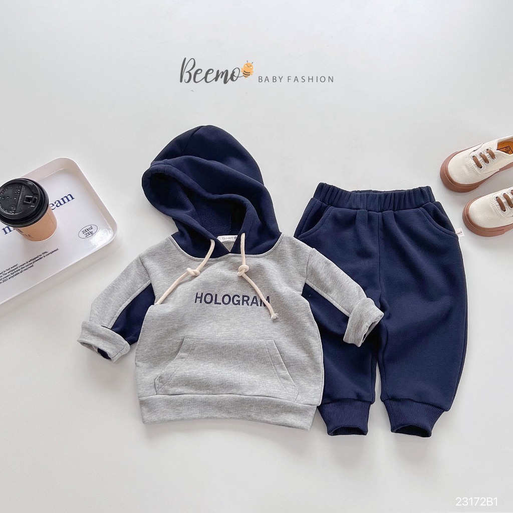 Bộ nỉ da cá hoddie thể thao in chữ cá tính cho bé, bộ thu đông phối mũ sành điệu cho bé Beemo