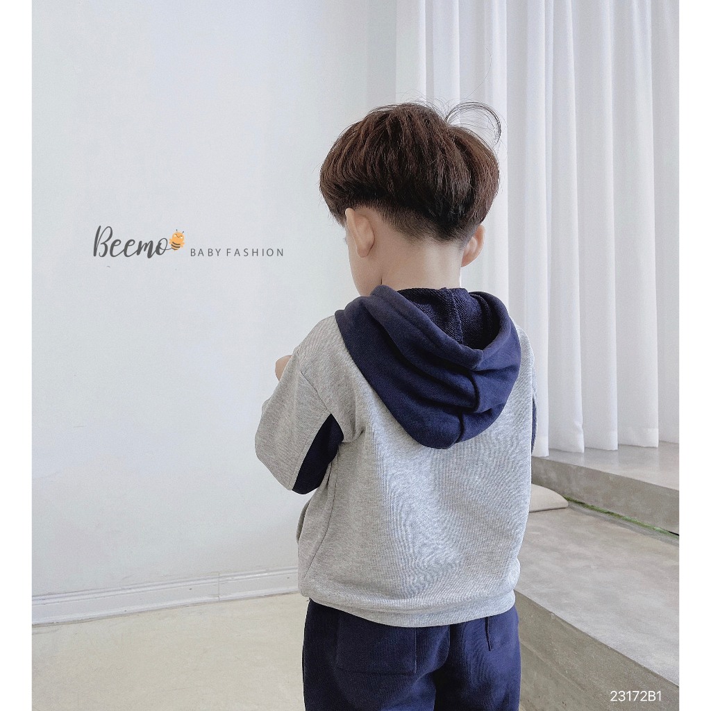 Bộ nỉ da cá hoddie thể thao in chữ cá tính cho bé, bộ thu đông phối mũ sành điệu cho bé Beemo