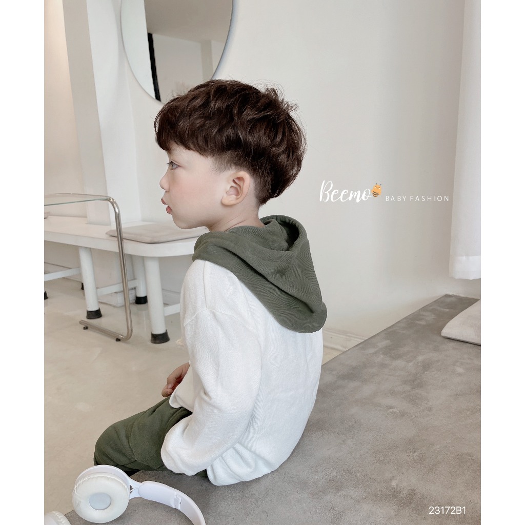 Bộ nỉ da cá hoddie thể thao in chữ cá tính cho bé, bộ thu đông phối mũ sành điệu cho bé Beemo