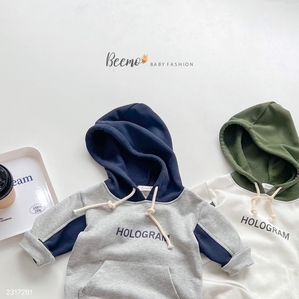 Bộ nỉ da cá hoddie thể thao in chữ cá tính cho bé, bộ thu đông phối mũ sành điệu cho bé Beemo