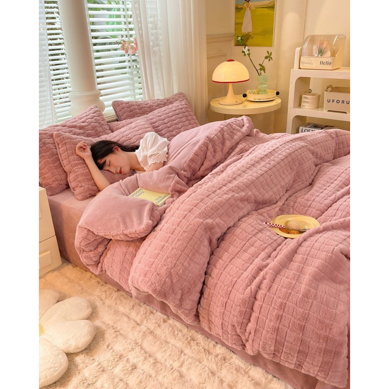 Set Chăn Ga Gối Nỉ Nhung Lông Thỏ Mẫu Mới (Set 4 món )
