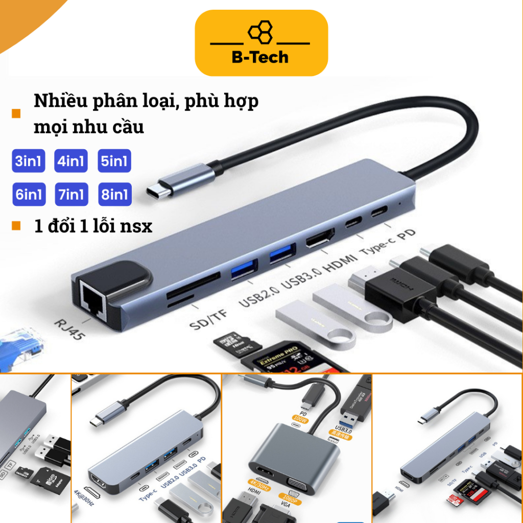 USB C Hub Type C Cổng chia chuyển đổi đa năng Macbook, máy tính Cổng HDMI 4K 30Hz/ USB 3.0/ Type C/ PD BTech B tech