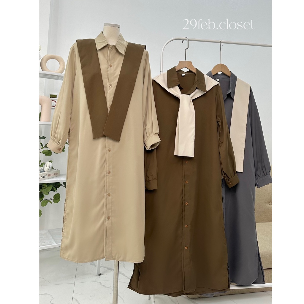 Váy Sơ Mi Nữ Dài Tay Phối Vạt Thủy Thủ Rời 29feb.closet Dáng Suông Dài Mùa Thu Đông - V160
