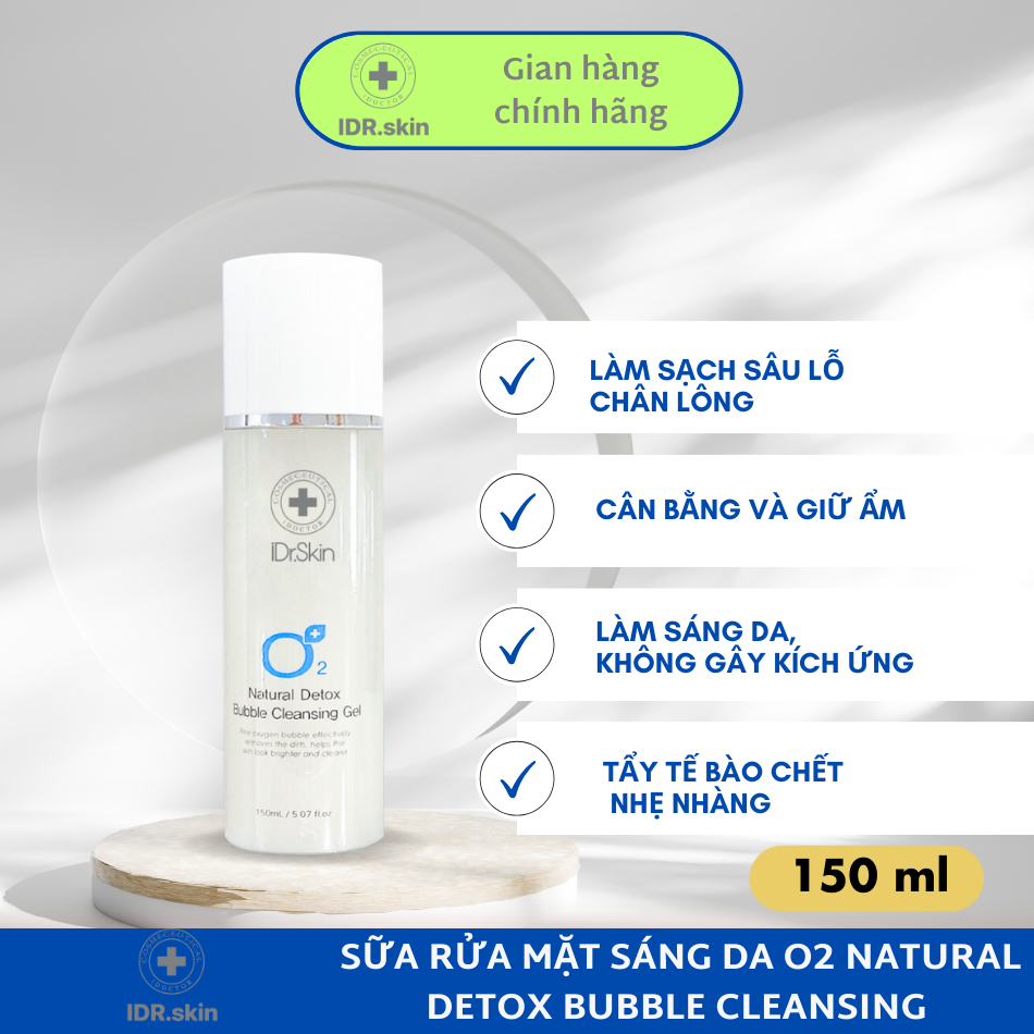 Sữa rửa mặt sáng da O2 Natural Detox Bubble Cleansing Gel iDr.Skin dưỡng ẩm bật tone da 120ml