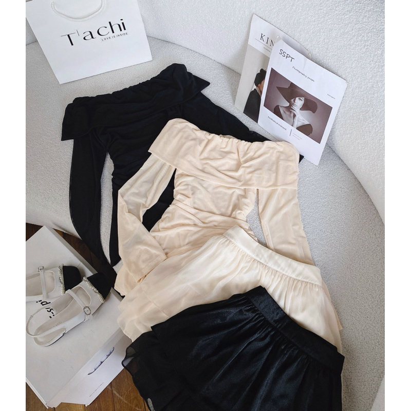 Set áo trễ vai lai nhọn tay dài + chân váy xoè 2 tầng bèo đen nude