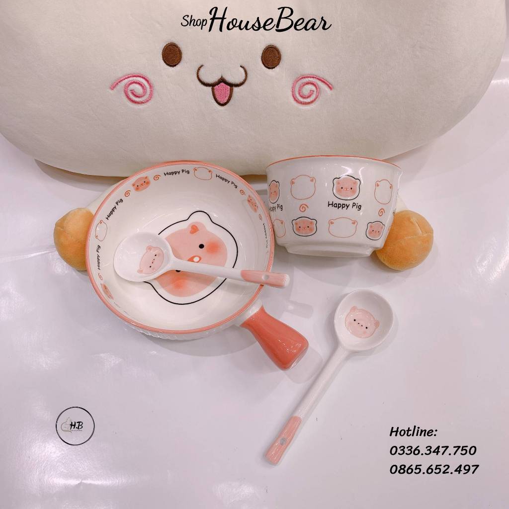 Bát sứ họa tiết heo hồng Happy Pig dễ thương 420ml