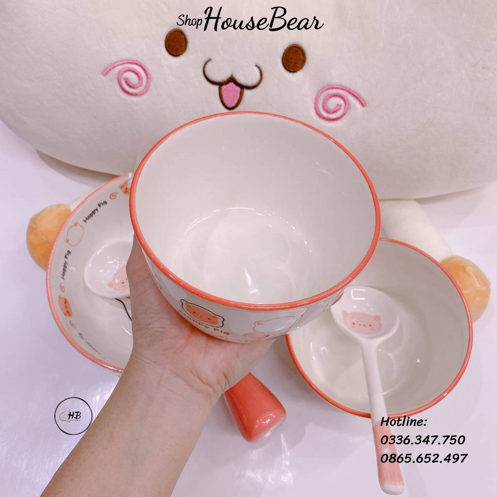 Bát sứ họa tiết heo hồng Happy Pig dễ thương 420ml