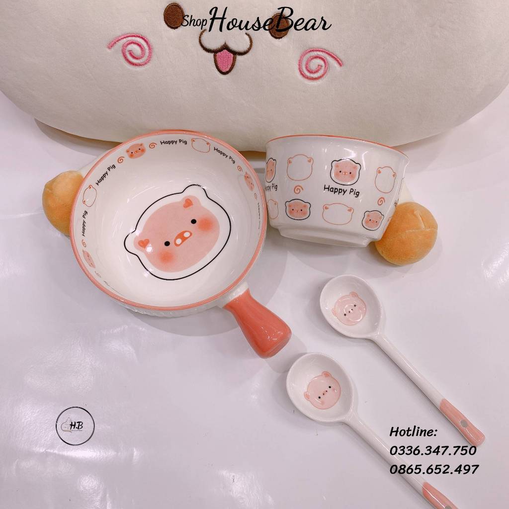 Bát sứ họa tiết heo hồng Happy Pig dễ thương 420ml