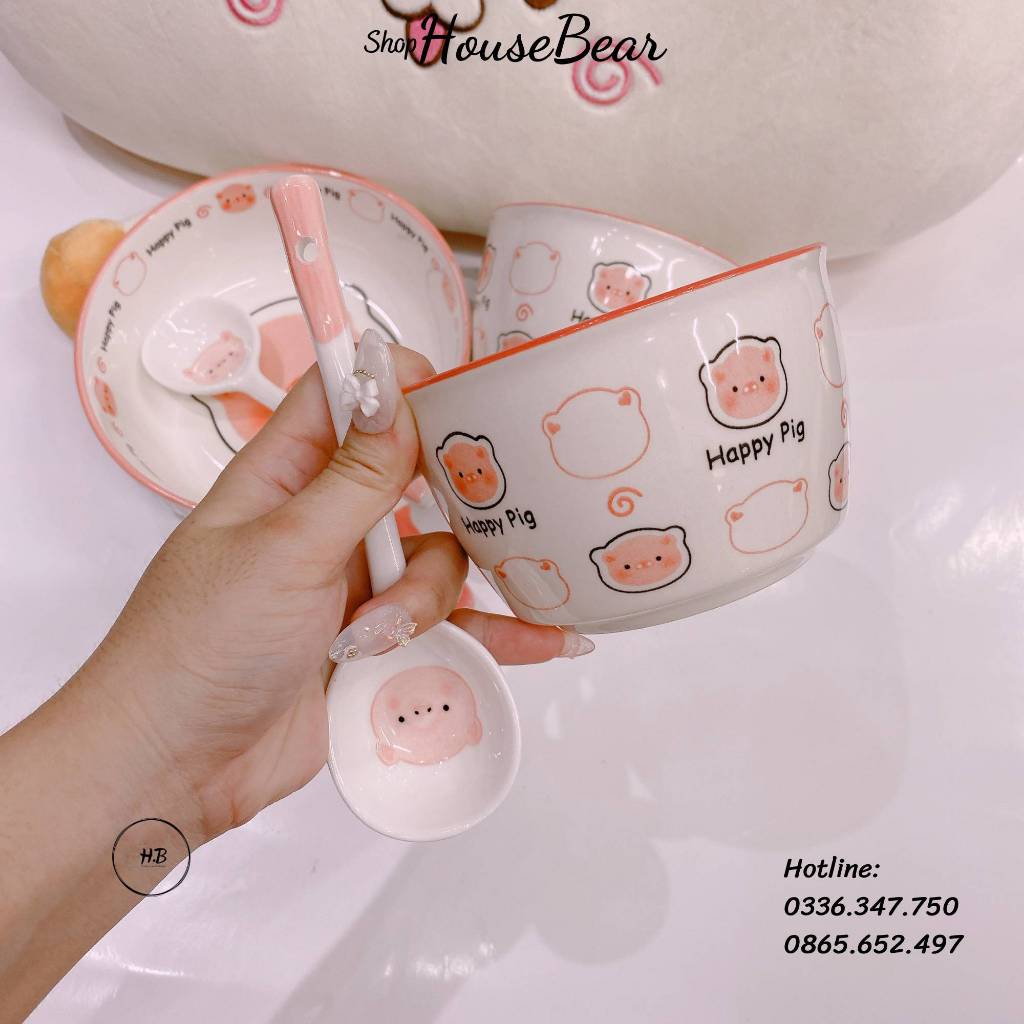 Bát sứ họa tiết heo hồng Happy Pig dễ thương 420ml