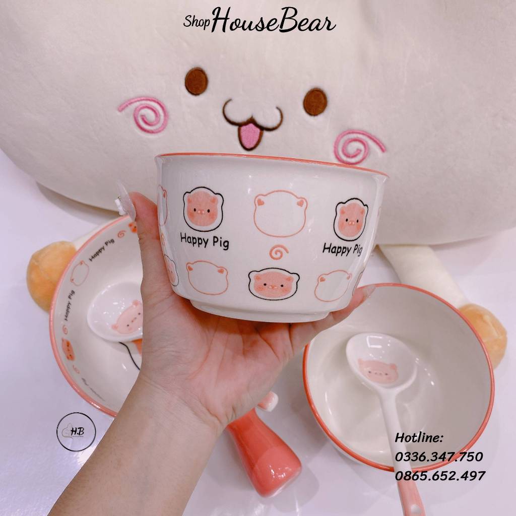 Bát sứ họa tiết heo hồng Happy Pig dễ thương 420ml