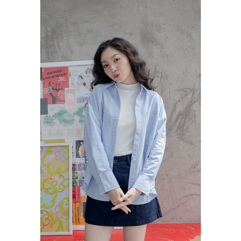 Áo sơ mi linen sọc xanh dương oversize 1 túi LENCLOTHING 986200