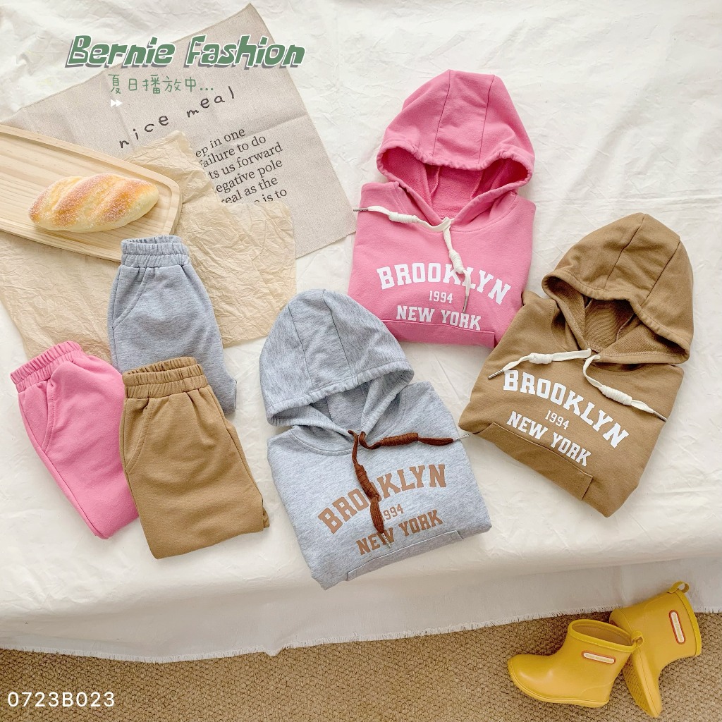 Bộ nỉ da cá hoddie phối túi unisex cho bé, bộ thun da cá dài tay kèm mũ Bernie
