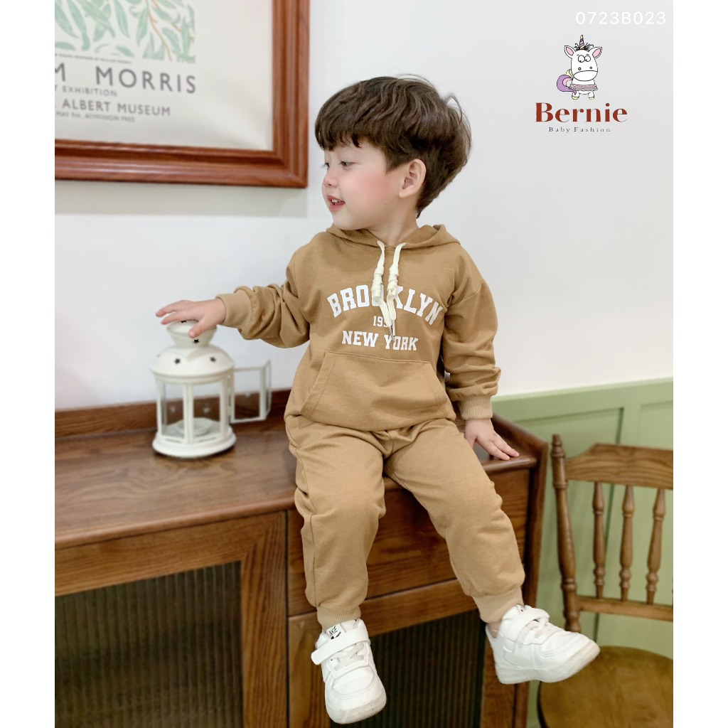 Bộ nỉ da cá hoddie phối túi unisex cho bé, bộ thun da cá dài tay kèm mũ Bernie