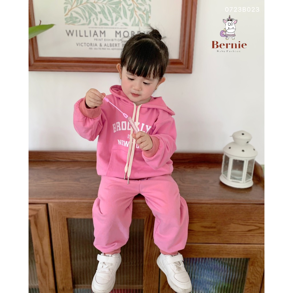 Bộ nỉ da cá hoddie phối túi unisex cho bé, bộ thun da cá dài tay kèm mũ Bernie