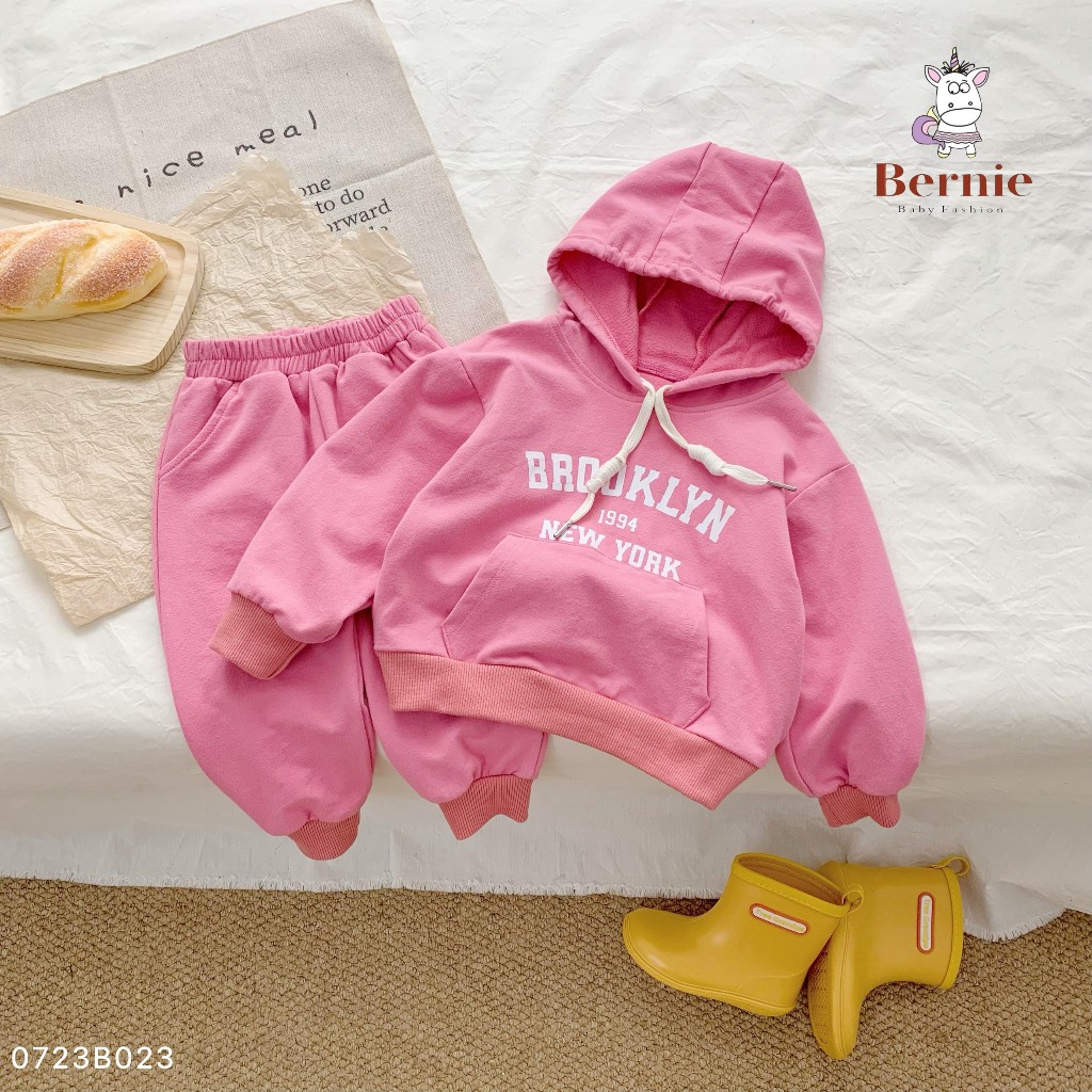 Bộ nỉ da cá hoddie phối túi unisex cho bé, bộ thun da cá dài tay kèm mũ Bernie