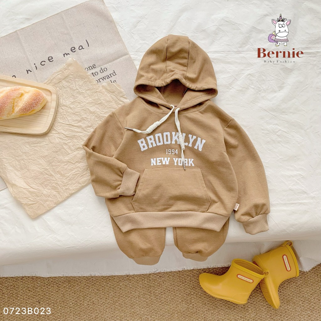 Bộ nỉ da cá hoddie phối túi unisex cho bé, bộ thun da cá dài tay kèm mũ Bernie