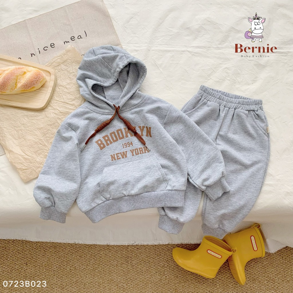 Bộ nỉ da cá hoddie phối túi unisex cho bé, bộ thun da cá dài tay kèm mũ Bernie