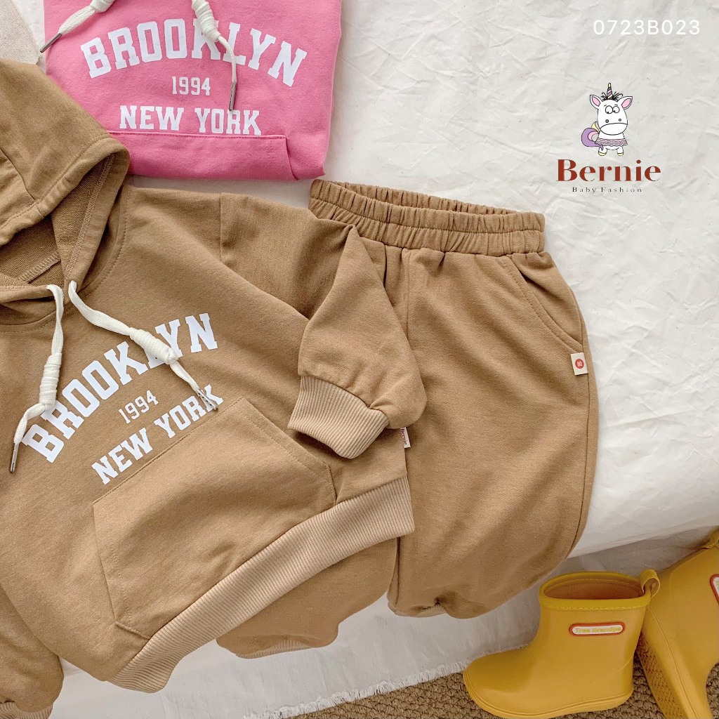 Bộ nỉ da cá hoddie phối túi unisex cho bé, bộ thun da cá dài tay kèm mũ Bernie